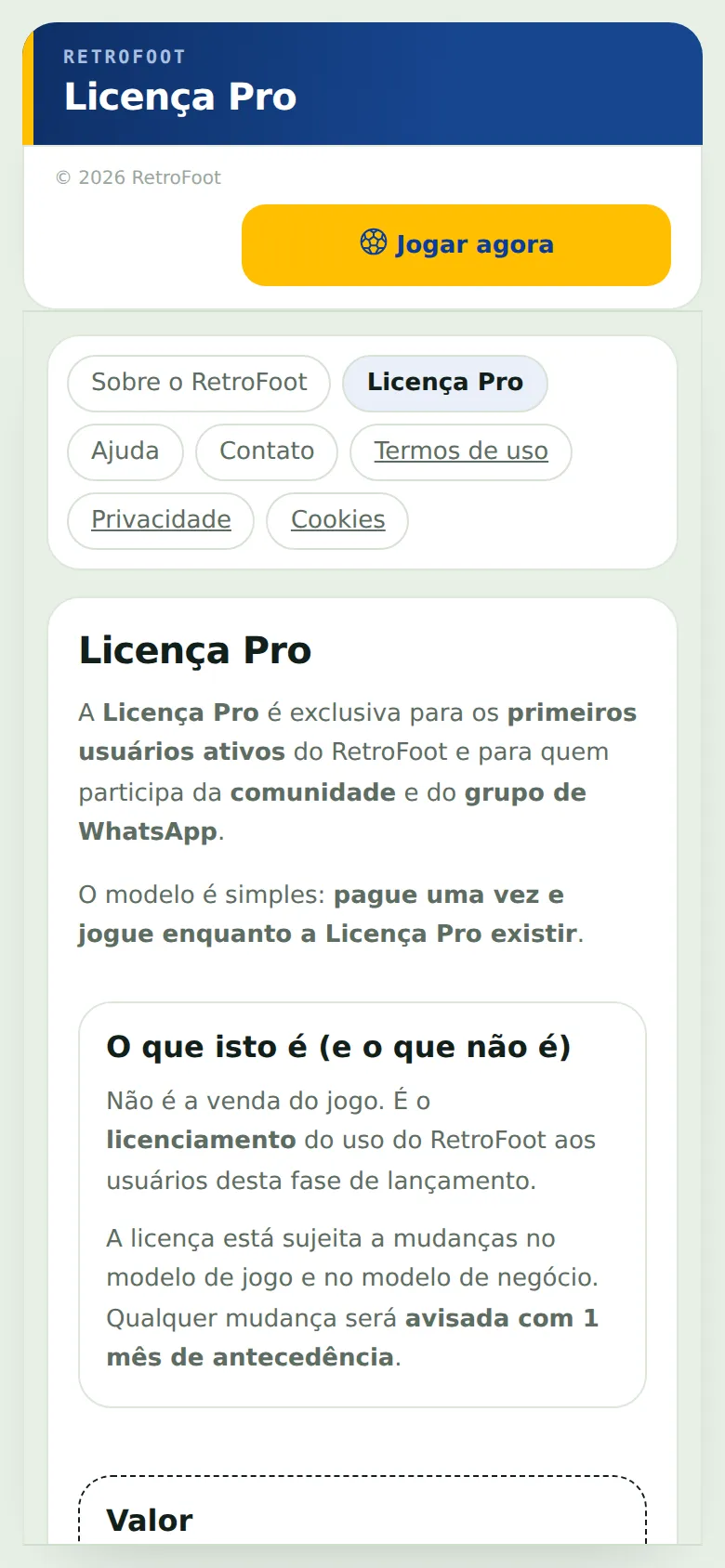 Página Licença Pro do RetroFoot no celular