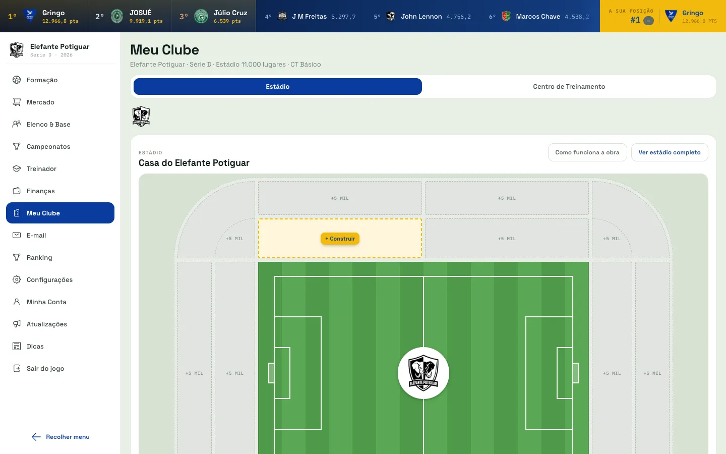 Página Meu Clube do RetroFoot na aba Estádio, mostrando o mapa do estádio visto de cima com as bancadas ao redor do campo