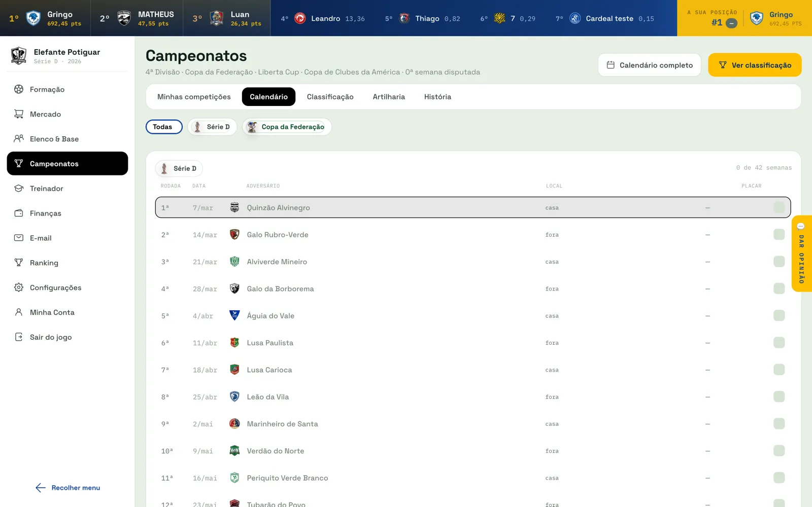 O calendário da temporada: liga, copa e continental, cada uma no seu dia